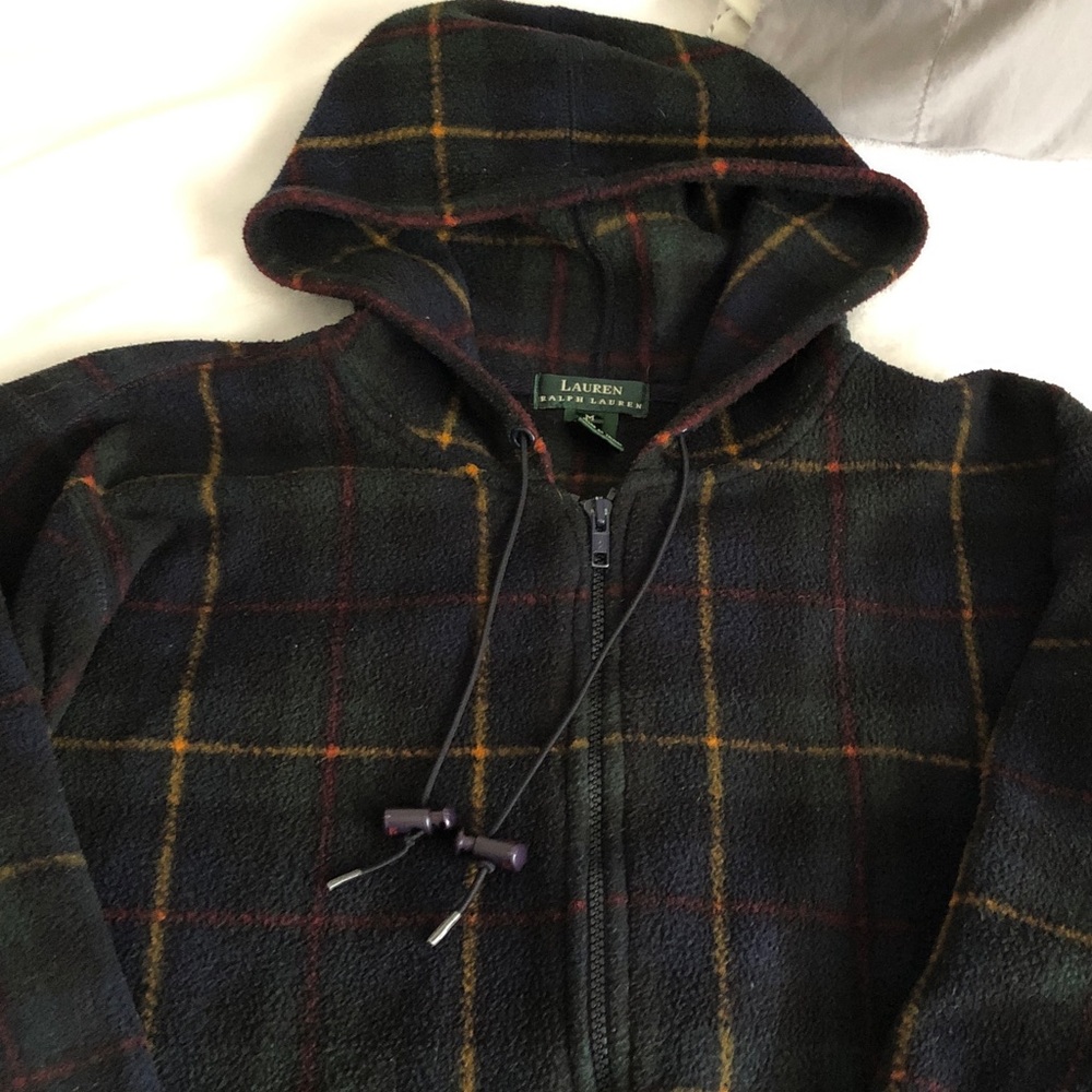 Lauren Ralph Lauren Dark Green & Black Plaid Hooded Fleece Jacket